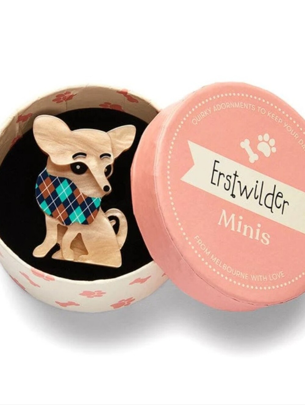 Erstwilder Minis Chihuahua Brooch in Pastel Pink Box Chi Chi Chihuahua